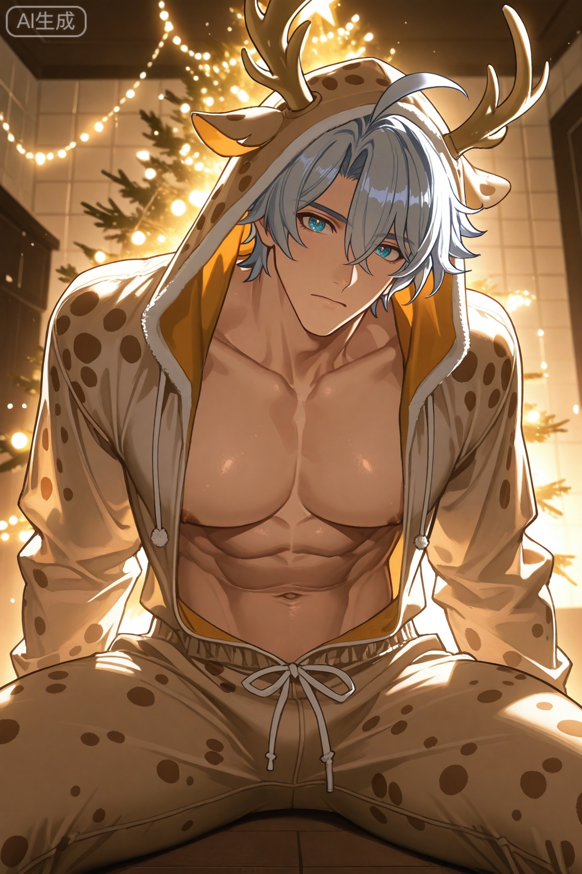 

phainon (honkai: star rail))),white hair,blue eyes,short hair,ahoge


(artist:mazjojo:0.83),(artist:pigeon666:0.67),(artist:zawar379:0.77),(artist:remsrar:0.65),(artist:yoneyama mai:0.74),(artist:chimmyming:0.72),masterpiece,best quality,4k,hd,ultra-detailed,absurdres,perfect lighting,(volumetric_lighting:1.2),(warm_tones:1.6),(festive_and_cozy:1.5),shadowing,(good_shadowing),depth of field,layered_depth_of_field,dynamic_perspective,painterly,maximalism,colors_contrast,
1boy, solo, muscular_male, bara, abs, pecs, navel, thighs, realistic, looking_at_viewer,
(fawn_kigurumi, spotted_pajamas, hood_up, small_antlers),
(fairy_lights_tangled_in_antlers, glowing),
(confused_but_happy_expression, head_tilt),
(sitting on the floor, looking slightly confused but happy, as someone has playfully decorated the small antlers on his fawn pajama hood with a string of warm, glowing fairy lights),
living_room_background, christmas_tree_in_background, simple_background, sticker, dynamic_pose, dynamic_angle,detailed_background, full_body_view,
grid_background,(warm_theme:1.6),(pajama_theme:1.5),(cute_theme:1.4),(colored_shadow:1.8)

,dianmei