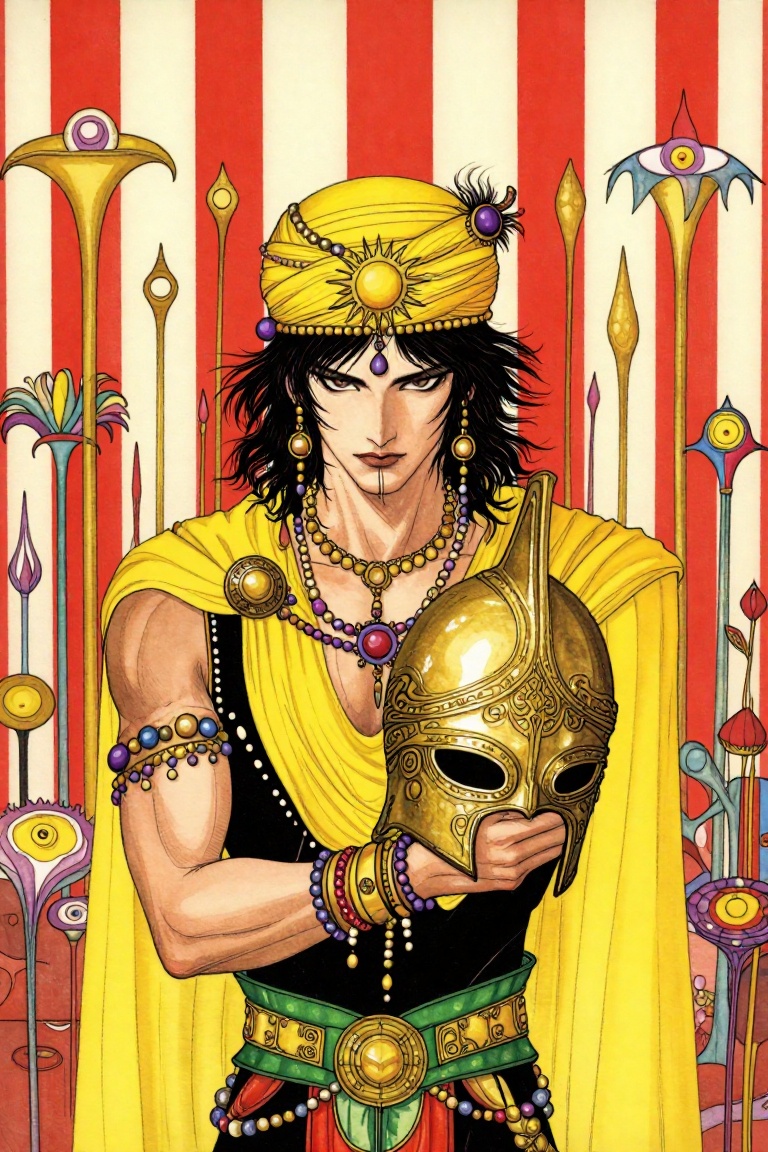 A detailed medium shot of a sun-kissed,  androgynous warrior with intense,  dark-rimmed eyes and a stern on Tensor.Art