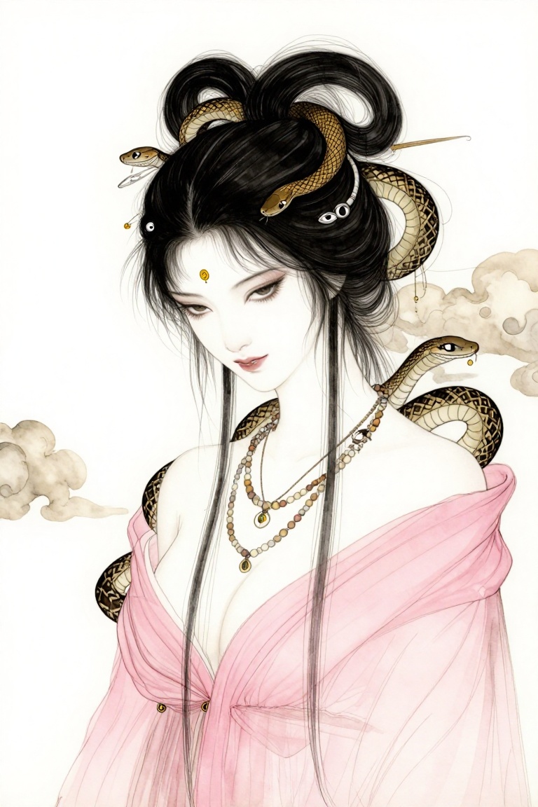 A detailed medium portrait of an ethereal woman with porcelain-pale skin and heavy,  dark-rimmed downcast eyes. Her volumi...