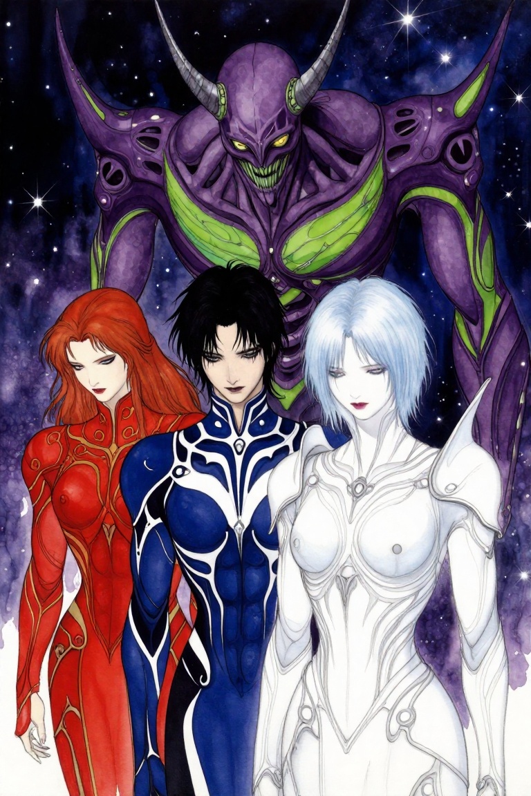A hauntingly beautiful group portrait set against a cosmic void. In the foreground stands an ethereal,  pale maiden with s...