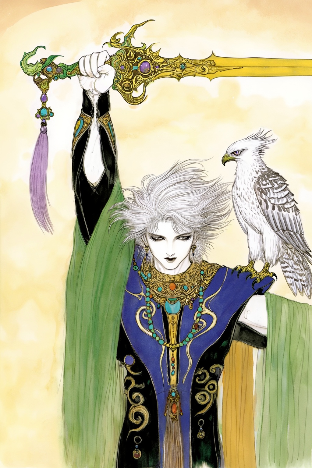 A full-body portrait of an ethereal male warrior with messy,  wind-swept silvery-white hair and pale skin. He has delicate...