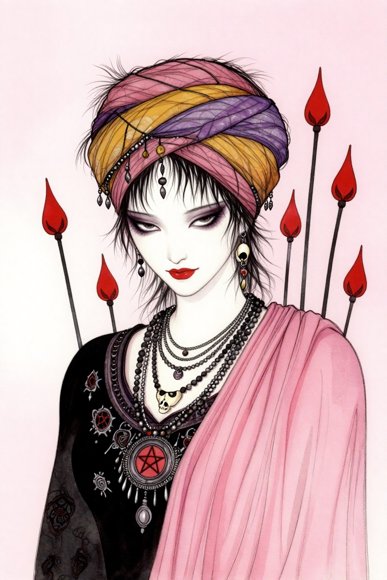 A detailed medium shot portrait of an androgynous figure with porcelain-pale skin and an intense,  melancholic gaze. The c...