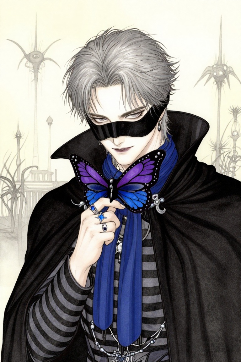 A detailed medium portrait of a mysterious,  pale-skinned man with an intense and melancholic gaze. His hair is a wild,  s...