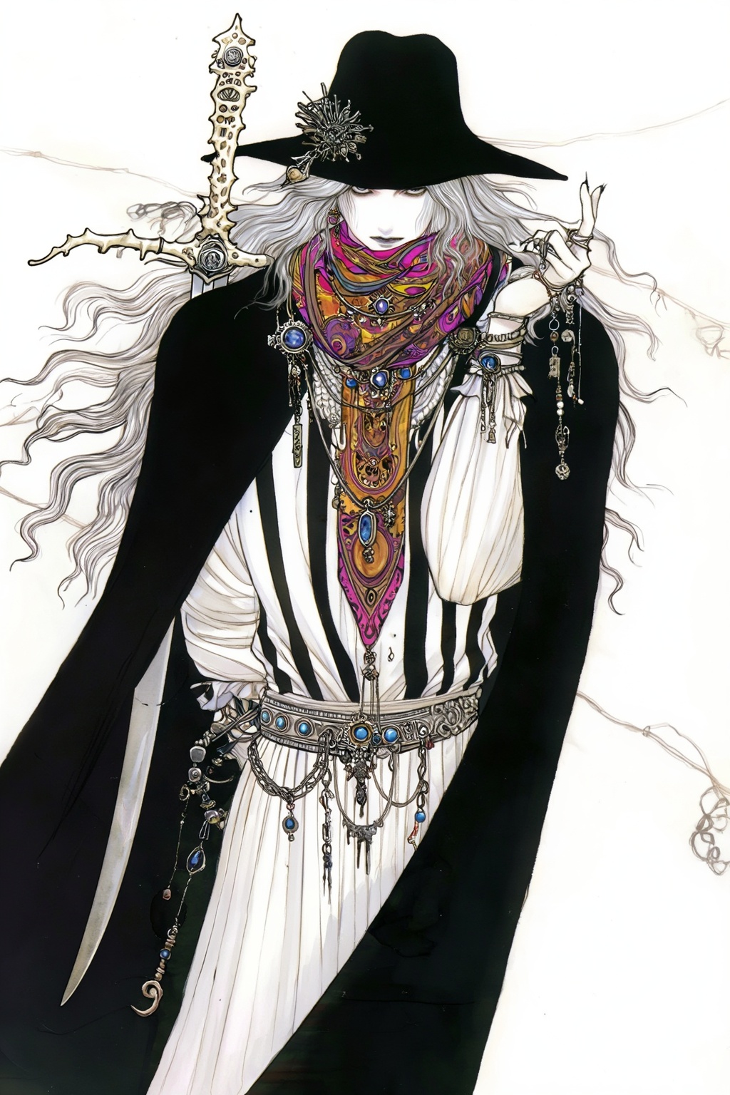 A detailed medium-shot portrait of a mysterious,  slender wanderer with porcelain-pale skin and long,  flowing silver hair...