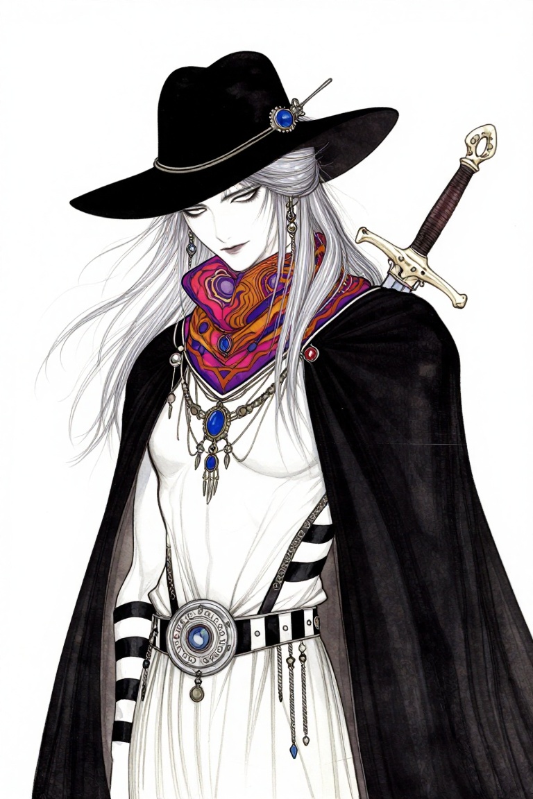 A detailed medium-shot portrait of a mysterious,  slender wanderer with porcelain-pale skin and long,  flowing silver hair...