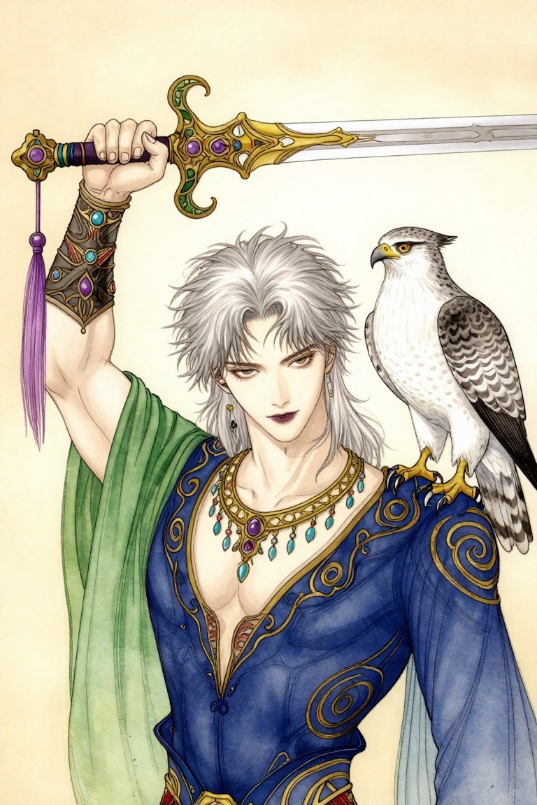 A full-body portrait of an ethereal male warrior with messy,  wind-swept silvery-white hair and pale skin. He has delicate...