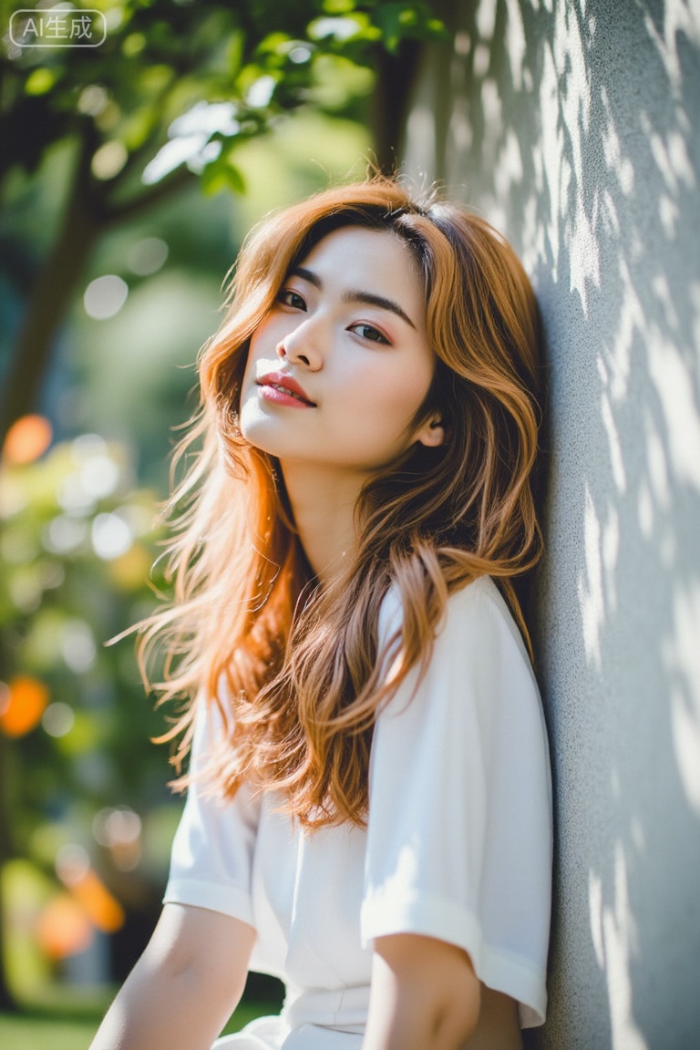 filmmood, a candid shot of a young woman leaning against a textured white wall in a garden, beautiful dappled sunlight (komorebi) filtering through tree leaves casting intricate, organic shadow patterns on her face and white dress. Soft breeze blowing her hair, serene and peaceful expression. The lighting is soft but directional, creating a sense of a lazy summer afternoon. Natural makeup, authentic film photography look, soft focus background.