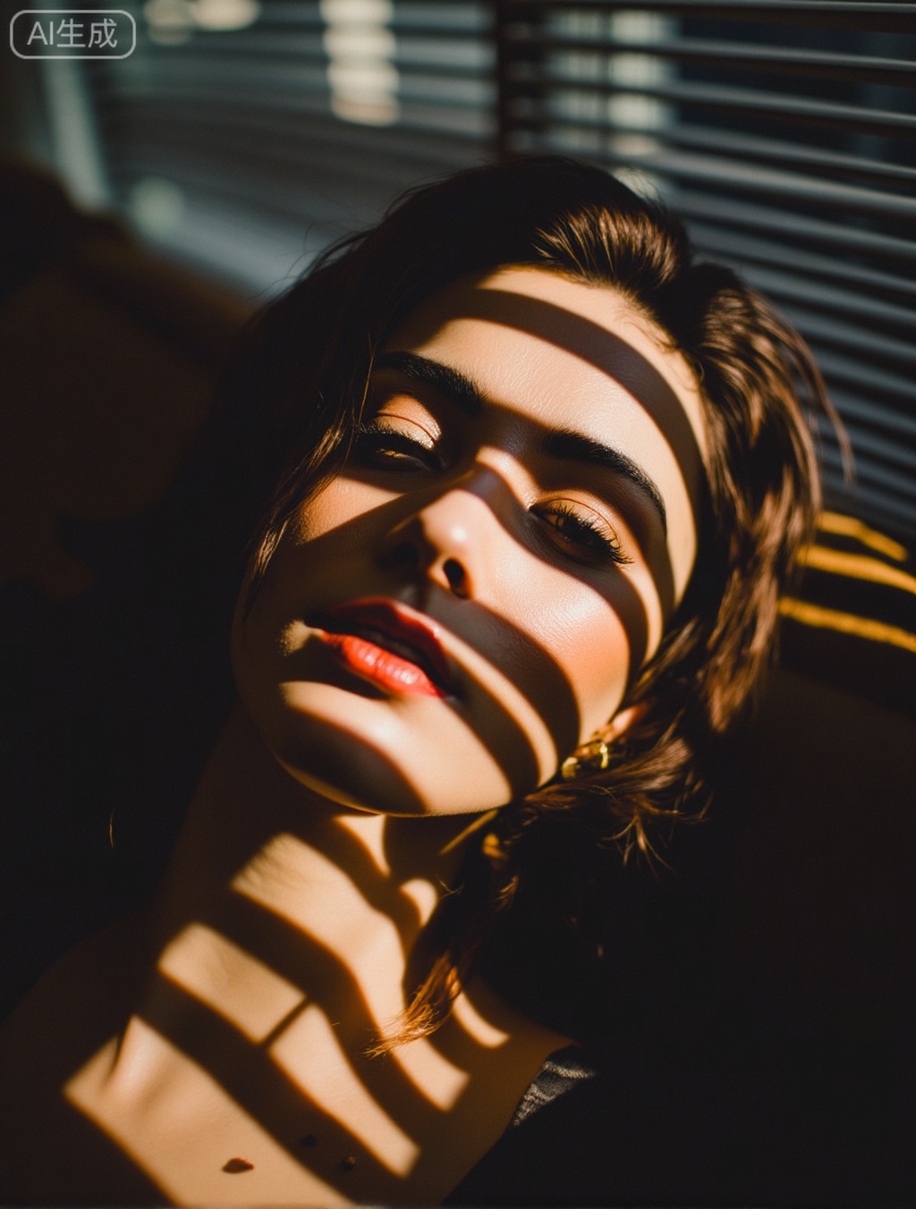 filmmood, extreme close-up portrait of a woman lying on a dark velvet sofa, dramatic venetian blind shadows striped sharply across her face and eyes, high contrast chiaroscuro lighting. Warm golden hour light cutting through the blinds, illuminating floating dust particles in the air. Her expression is pensive and intimate. Focus on the realistic skin texture and the interplay of light and shadow, cinematic 35mm film grain, moody interior atmosphere.