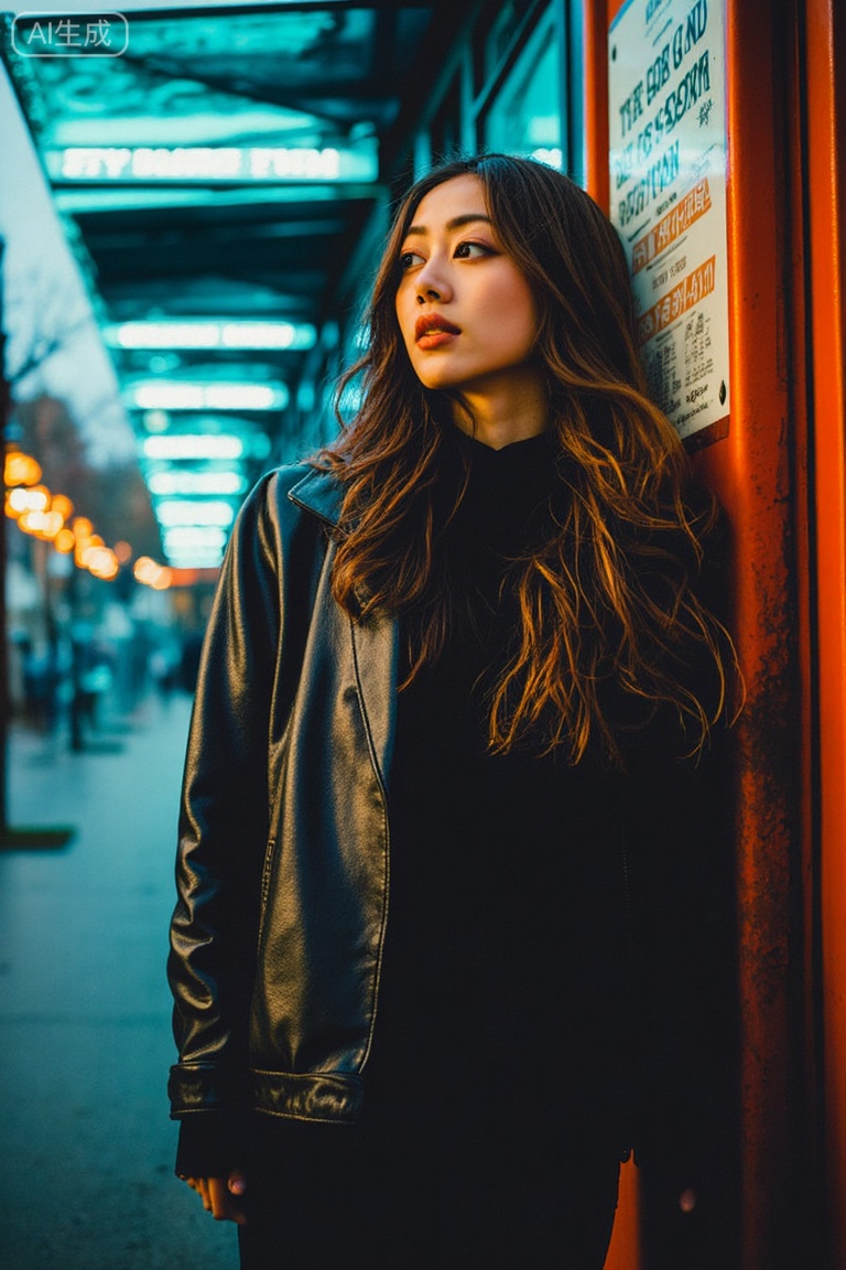 filmmood, a cinematic wide shot of a solitary woman standing at a rainy bus stop at night, illuminated by the cool teal and warm orange glow of neon signs reflecting on the wet asphalt. Raindrops on the camera lens creating a slight blur. She is looking away with a melancholic expression. Deep blacks, rich colors, urban loneliness theme, atmospheric fog, high dynamic range, visually striking composition.
