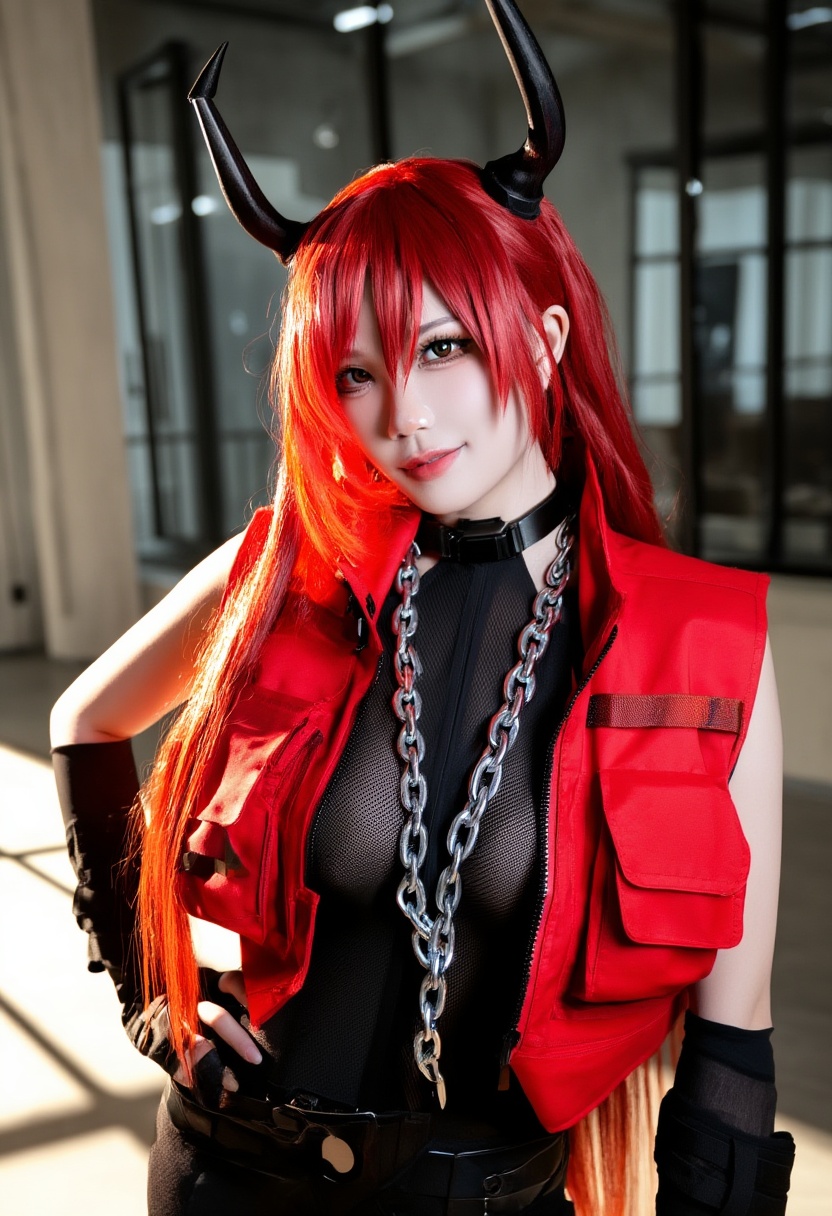 cosplay-shot,  A sharp photograph of a young Thai woman portraying Surtr with fiery red hair and sharp black tactical horn...