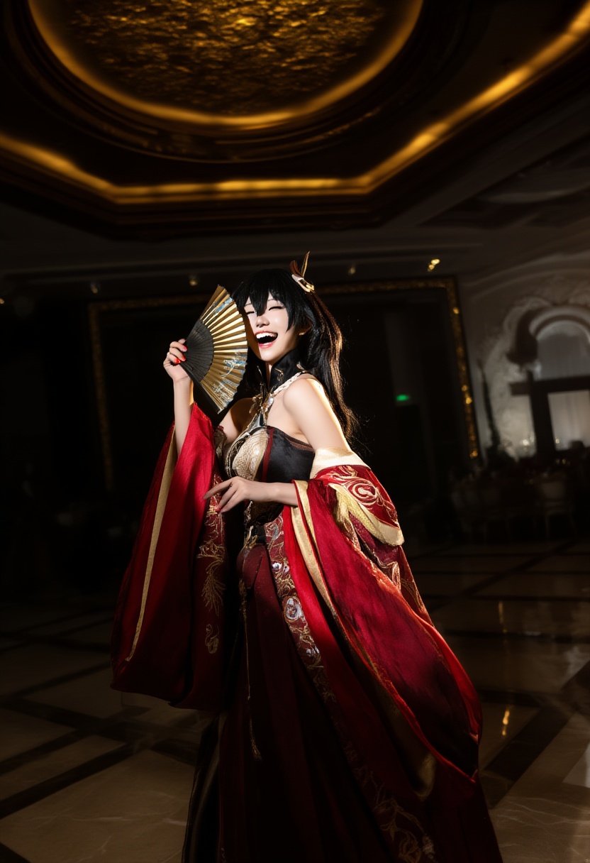 cosplay-shot,  A Chinese woman portraying HuoHuo from Honkai: Star Rail,  an elegant aristocrat dressed in a heavily embro...