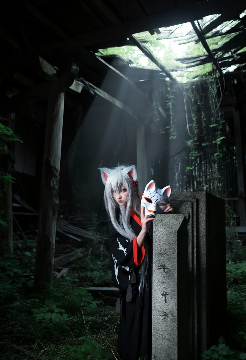 cosplay-shot,  A Japanese woman portraying a ghostly,  slightly tattered version of the fox spirit peeking from behind a w...