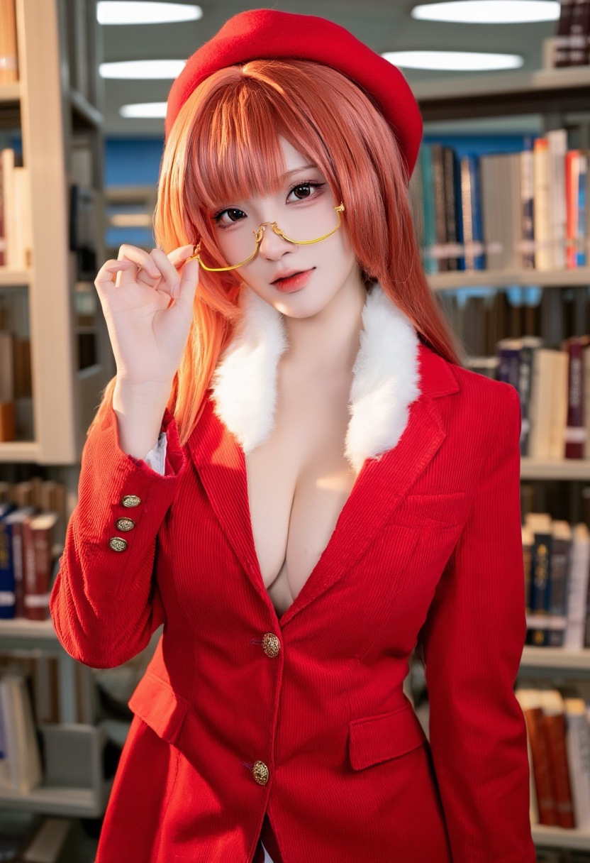 cosplay-shot,  A high-quality photograph of a beautiful Chinese woman portraying Yanfei with salmon-red hair styled under...