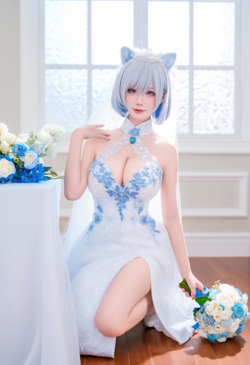 cosplay-shot,  A young Asian woman with pale skin and short silver-blue hair styled in cat ears poses indoors. She wears a...