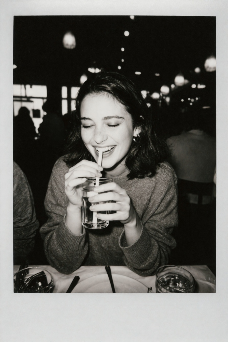 Candid Instax Photo,  The image is a black and white photograph of a young woman sitting at a table in a restaurant. She i...