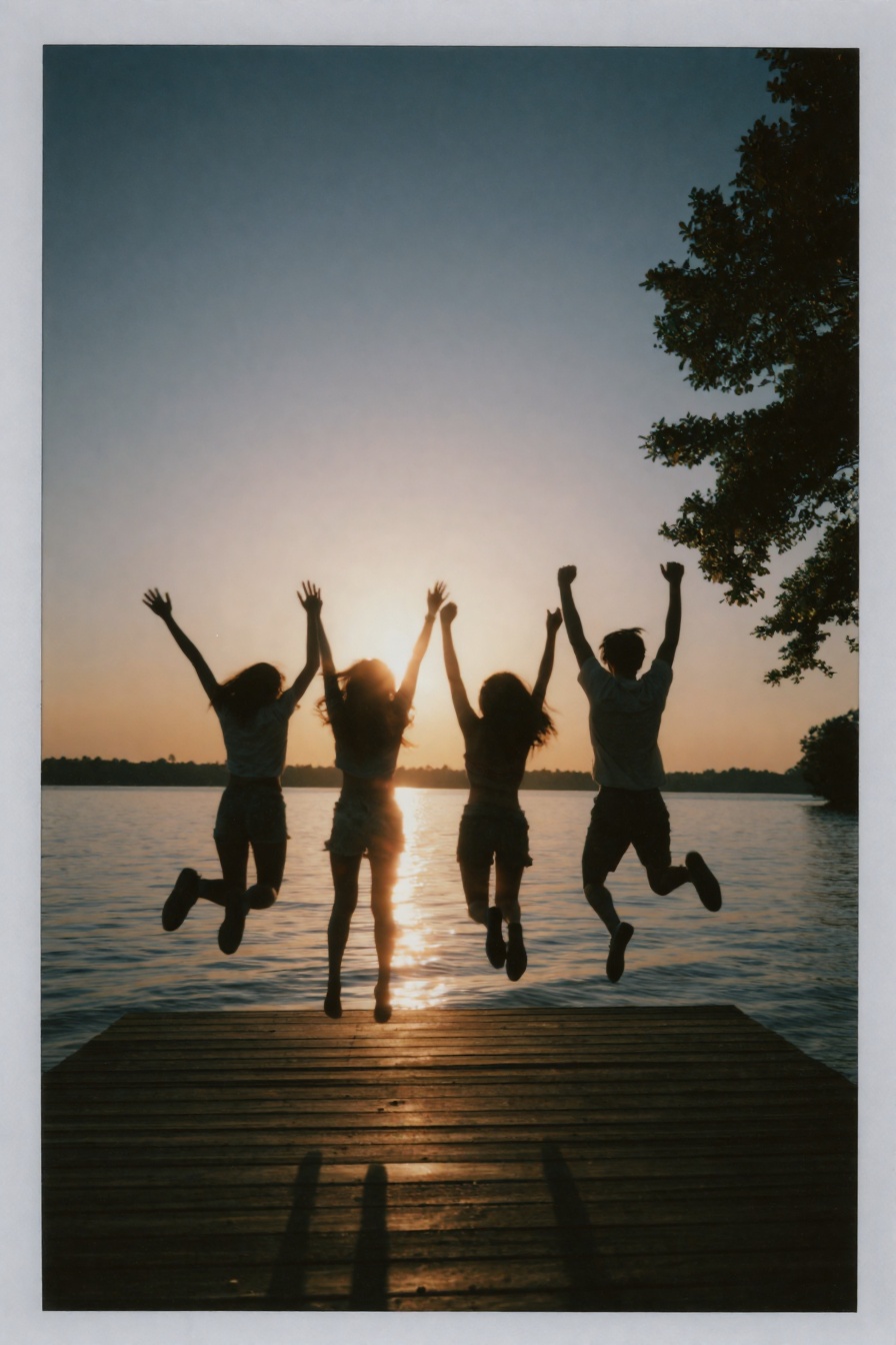 Candid Instax Photo,  The image shows four young women jumping in the air with their arms raised in celebration. They are...