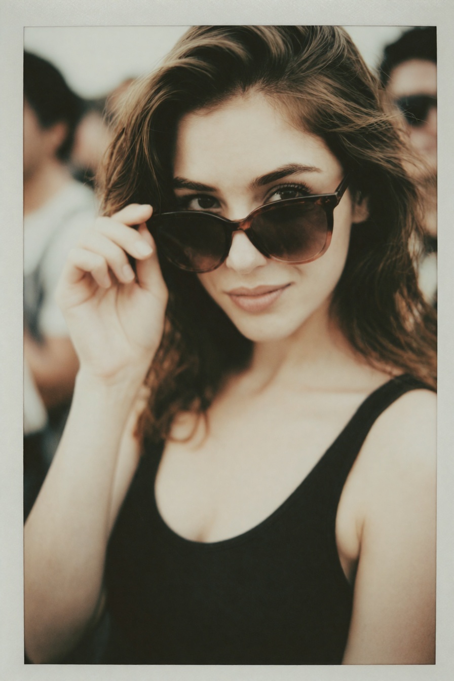 Candid Instax Photo,  The image is a close-up portrait of a young woman wearing sunglasses. She is holding the frame of he...