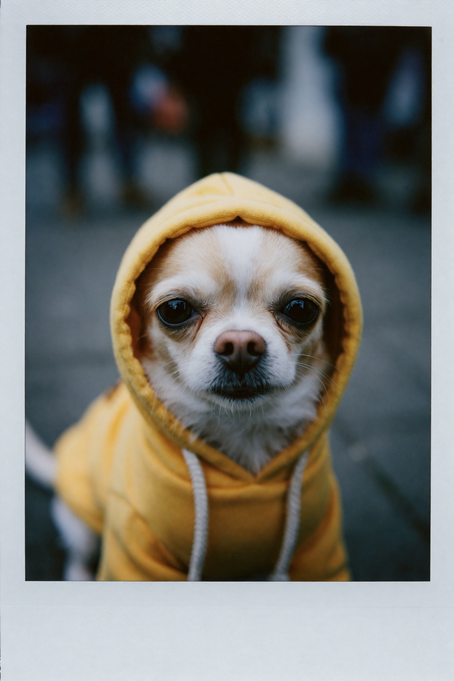 Candid Instax Photo,  The image is a close-up of a small dog wearing a yellow hoodie. The dog appears to be a Chihuahua or...