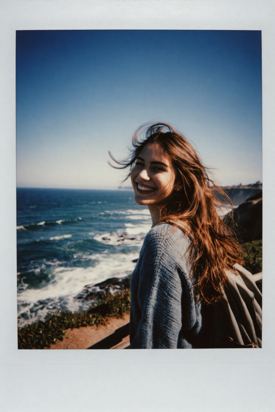 Candid Instax Photo,  The image is a polaroid photograph of a young woman with long wavy hair. She is standing on a cliff...