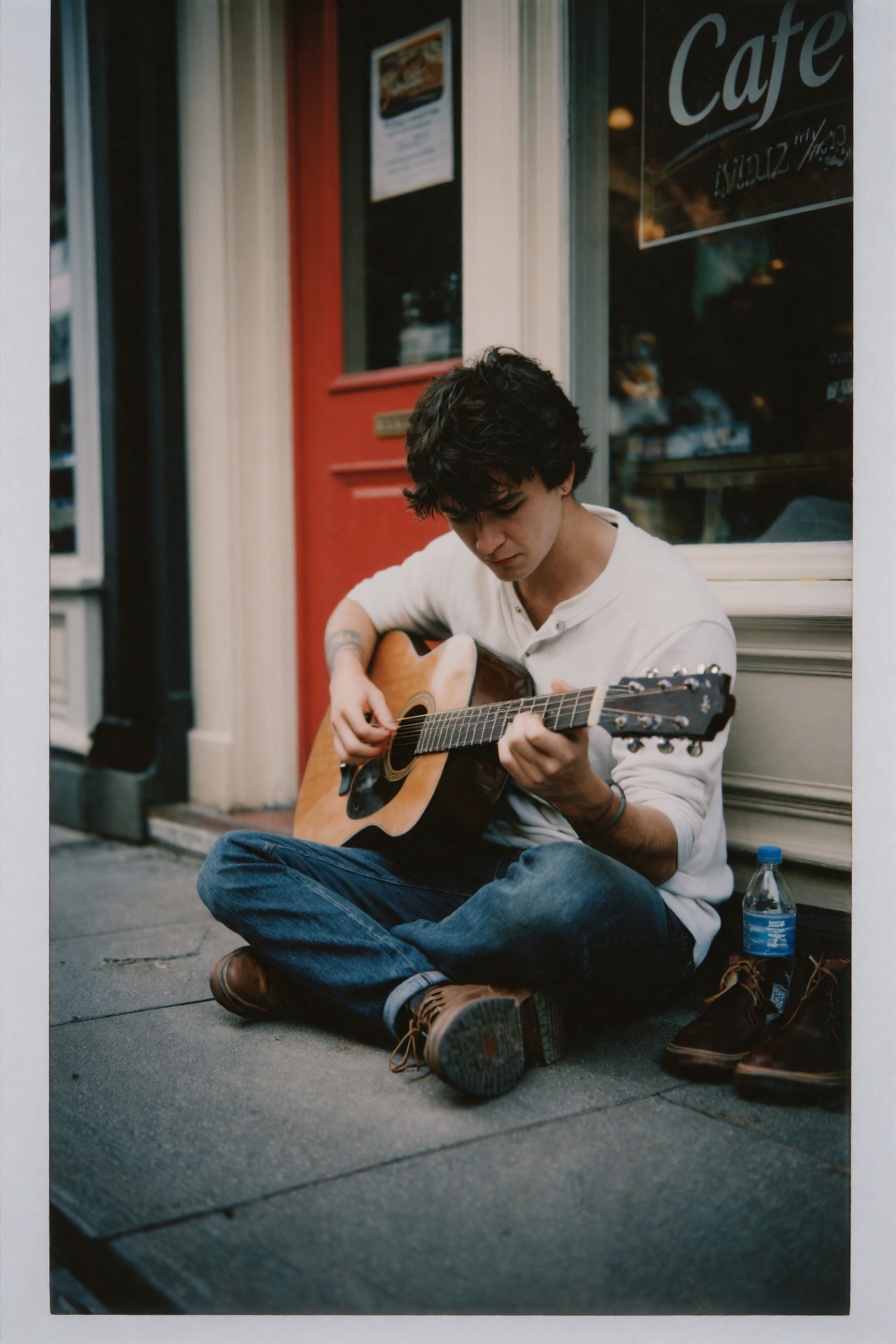 Candid Instax Photo,  The image shows a young man sitting on the sidewalk in front of a store front with a guitar in his h...