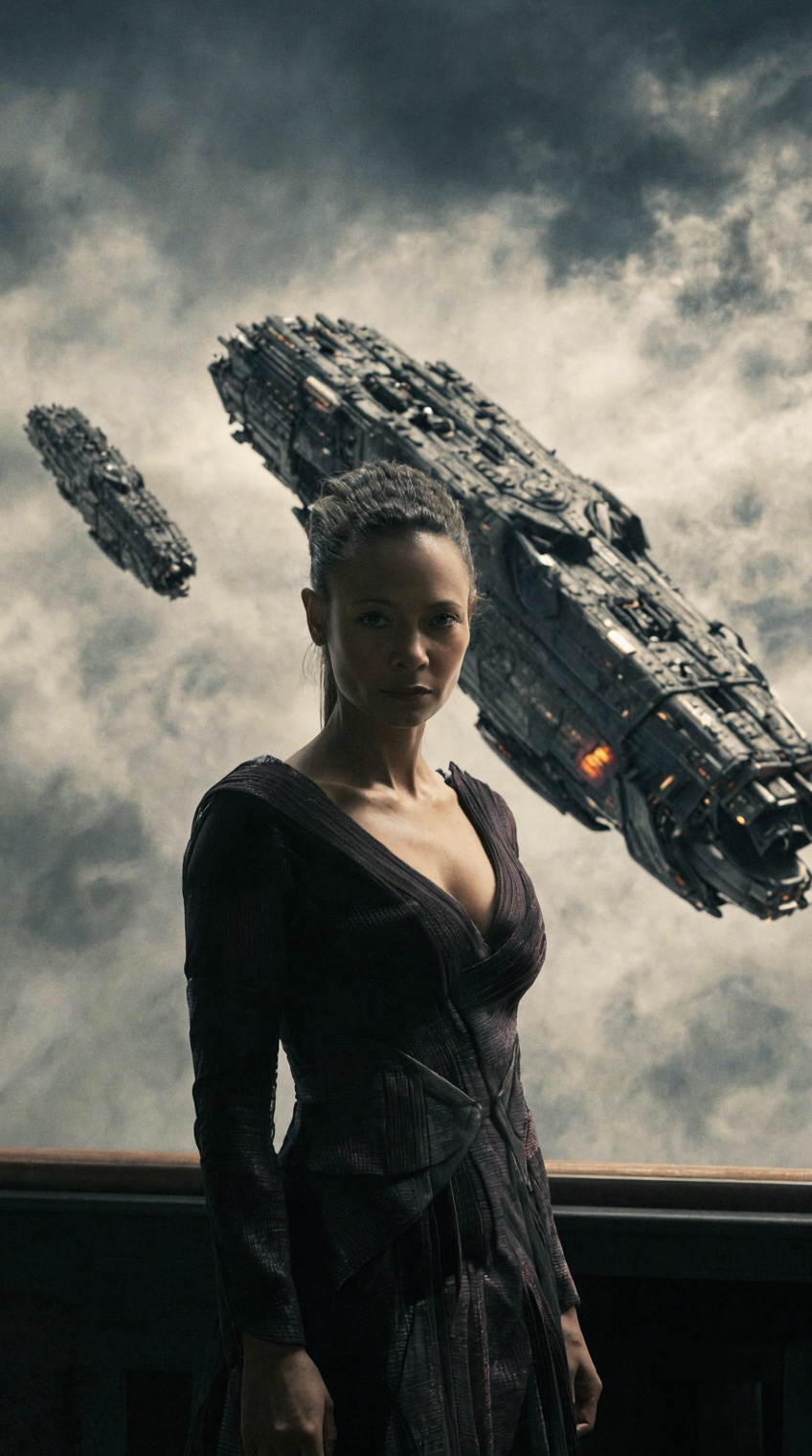 Cinematic front view medium shot of Dame Vaako (Tendie Newton) from "The Chronicles of Riddick",  standing on a monumental...
