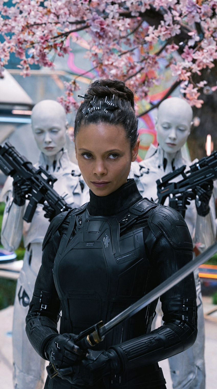A cinematic close-up shot inspired by Westworld: Thandiwe Newton as Maeve Millay standing in the foreground of a stylized...