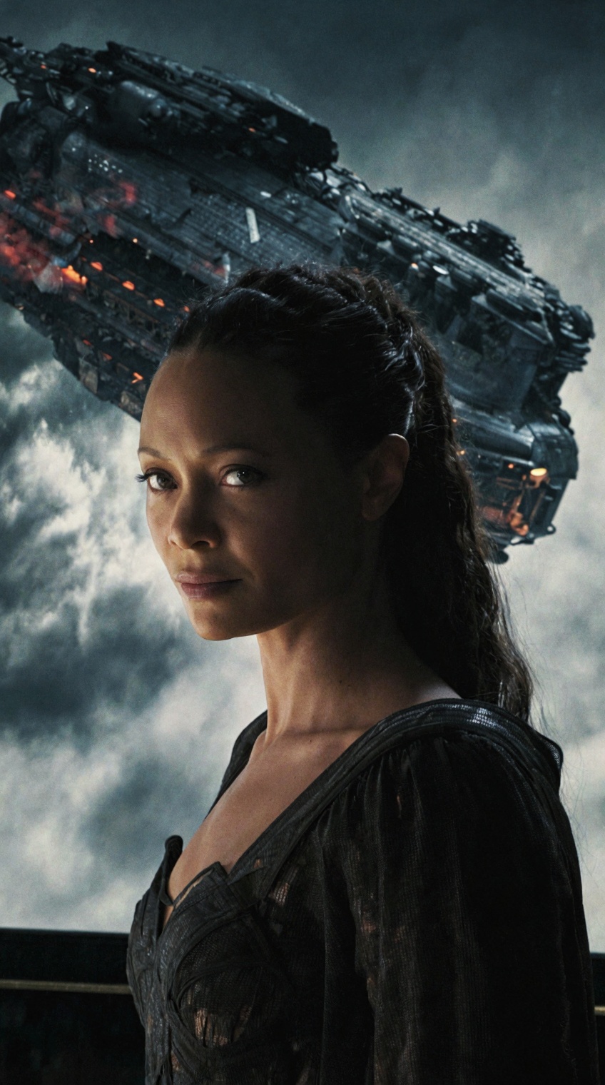 Cinematic close-up shot of Dame Vaako (Tendie Newton) from "The Chronicles of Riddick",  standing on a monumental balcony,...