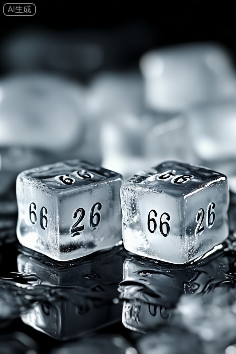National Geographic,Captured in a close-up eye-level shot, two ice cubes, each with the number "66" and "26" written on each side of each cube. The ice cubes are glistening in the light, reflecting off of the surface beneath them. The background is blurred, creating a stark contrast to the ice cubes.