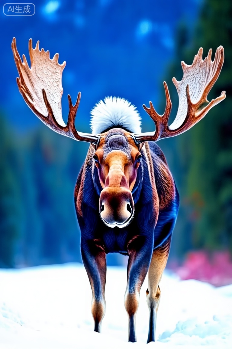 National Geographic,Captured at eye-level, a medium-sized moose stands in the middle of a snowy landscape. The moose's head is encased in a stark white fur, adorned with two large antlers protruding from its head, adding a pop of color to the otherwise monochromatic scene. The background is a deep blue, with a hint of green and pink hues, creating a striking contrast to the moose and the surrounding surrounding mountains.