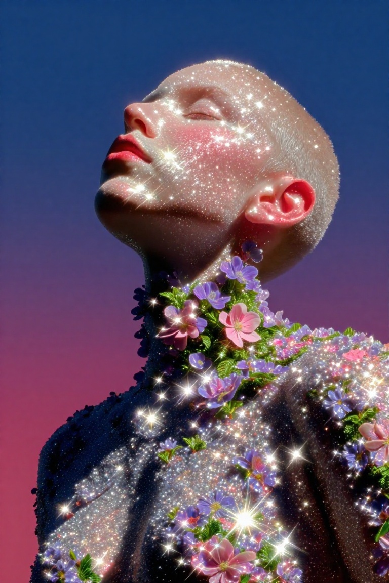 A bald figure with closed eyes tilts their head upward against a gradient sky shifting from deep blue at the top to magent...
