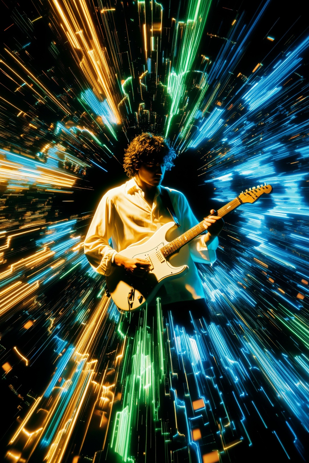 A dynamic shot of a musician with dark curly hair,  wearing a loose-fitting white long-sleeve shirt,  intensely focused on...
