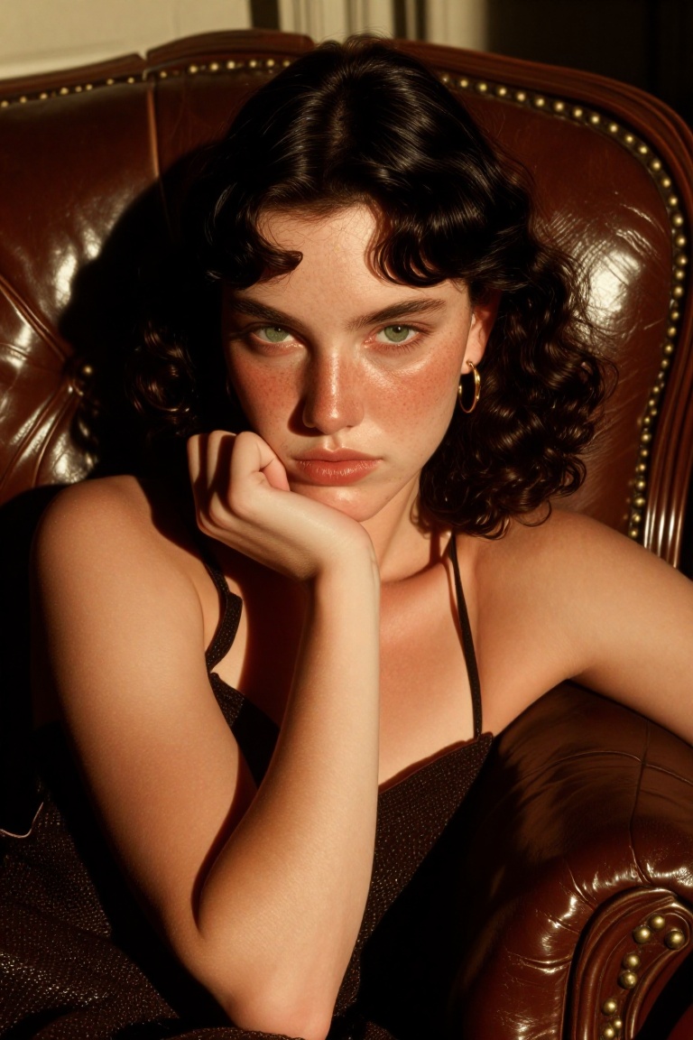 A young woman with dark,  wavy hair parted in the middle rests her chin on her right hand,  gazing directly at the viewer...