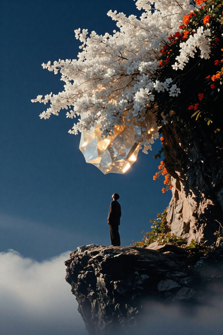 A solitary figure in dark,  loose clothing stands silhouetted on a rugged,  shadowed rock outcrop on Tensor.Art