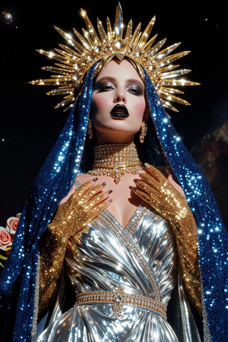 A stunning low-angle portrait of a celestial,  avant-garde goddess with a high-fashion aesthetic. She wears a massive,  in...