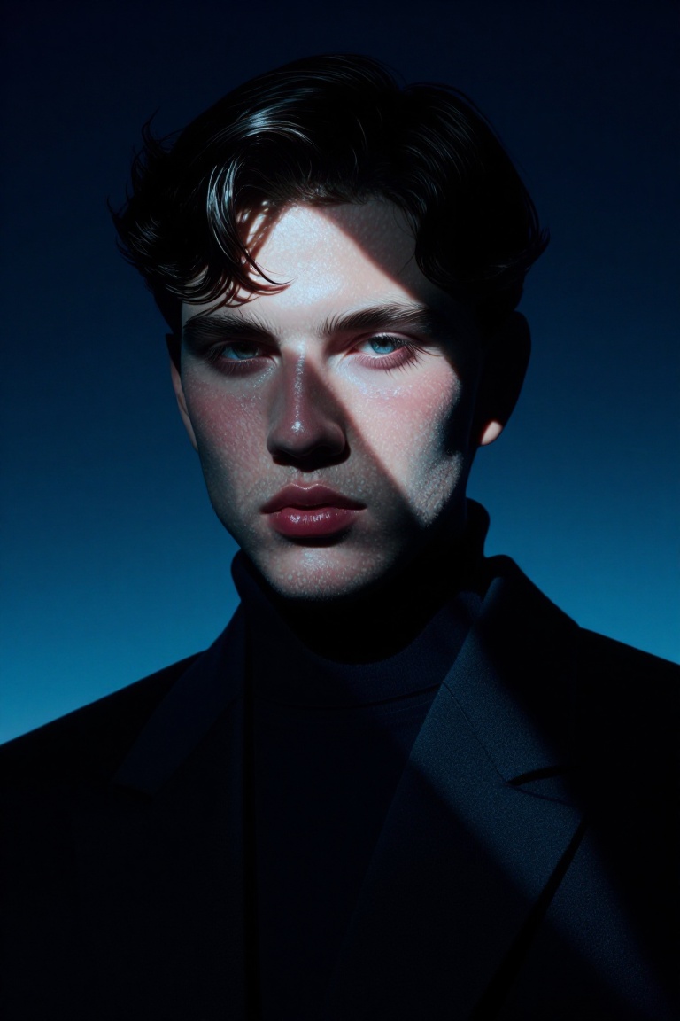 A young man with dark,  slightly tousled hair and light eyes gazes toward the camera,  his face split by dramatic chiarosc...
