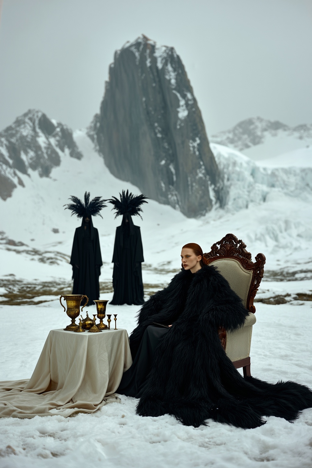 A cinematic,  avant-garde fashion editorial set on a desolate,  snowy mountain plateau. In the foreground right on Tensor.Art