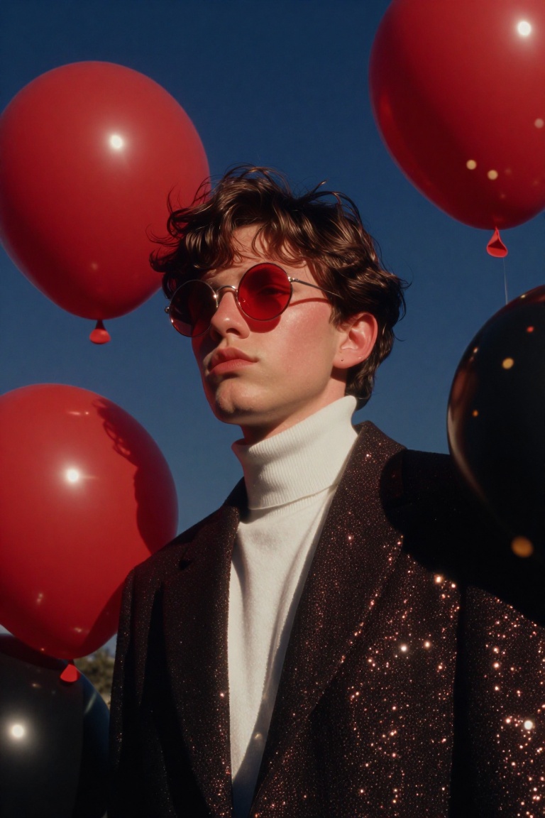 A young man with tousled brown hair wears round red-tinted sunglasses and a white turtleneck beneath a dark,  glitter-dust...