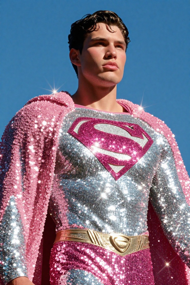 A cinematic,  low-angle medium shot of a handsome superhero with chiseled features and dark wavy hair,  resembling a class...