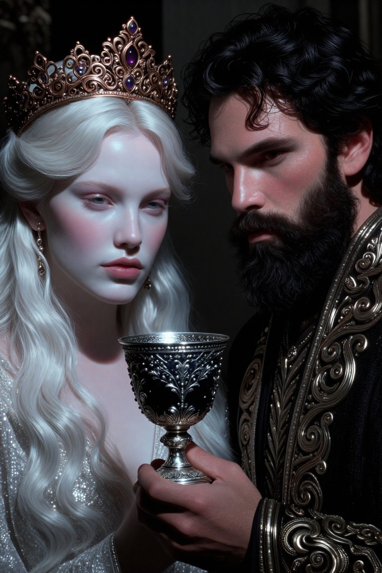 A close-up portrait of a mystical pair in a solemn ritual. On the left,  an ethereal goddess with cascading,  ultra-fine p...