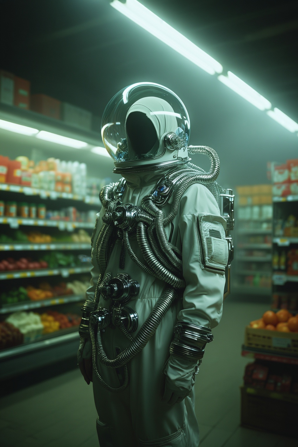 A hyper-realistic cinematic photograph of a mysterious figure wearing a highly-detailed retro-futuristic white spacesuit,...