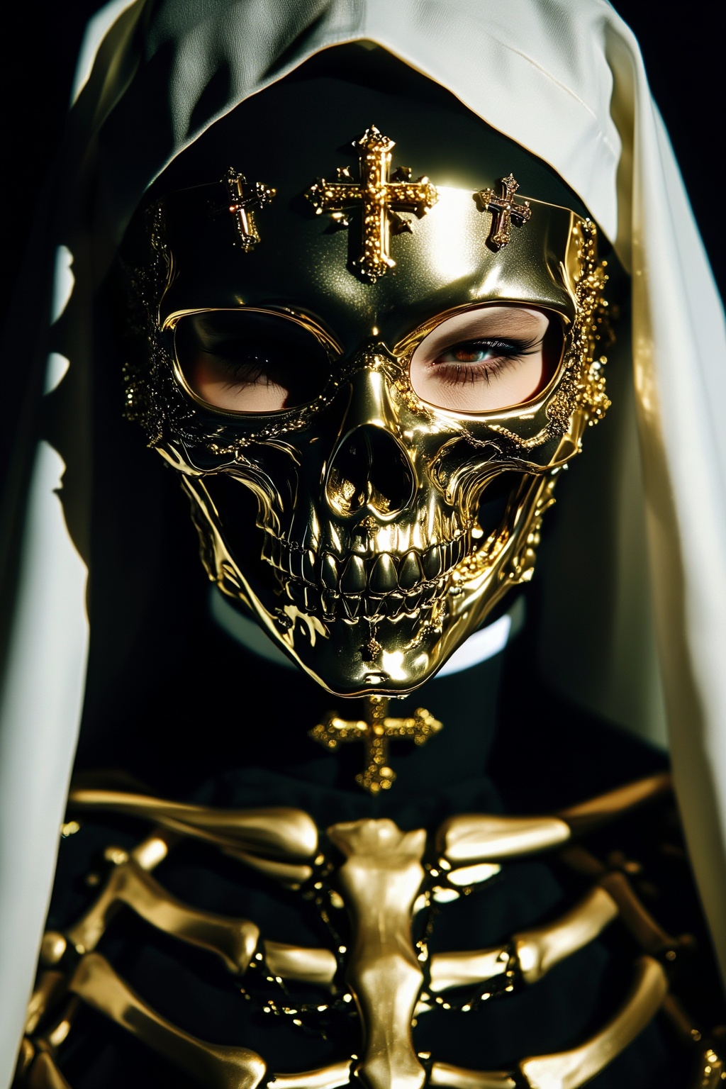 A hyper-realistic cinematic extreme close-up of a mysterious gothic priestess in a dark religious horror aesthetic. She we...