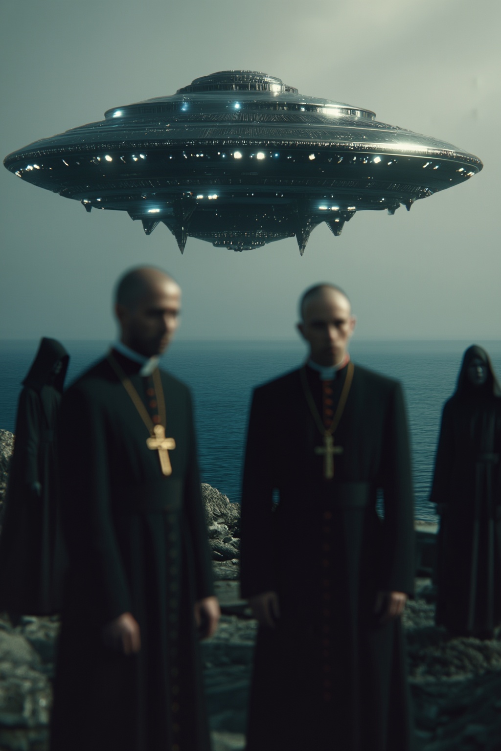 A cinematic wide-shot of an eerie,  monumental encounter. In the blurred foreground,  two stoic monks in long black cassoc...