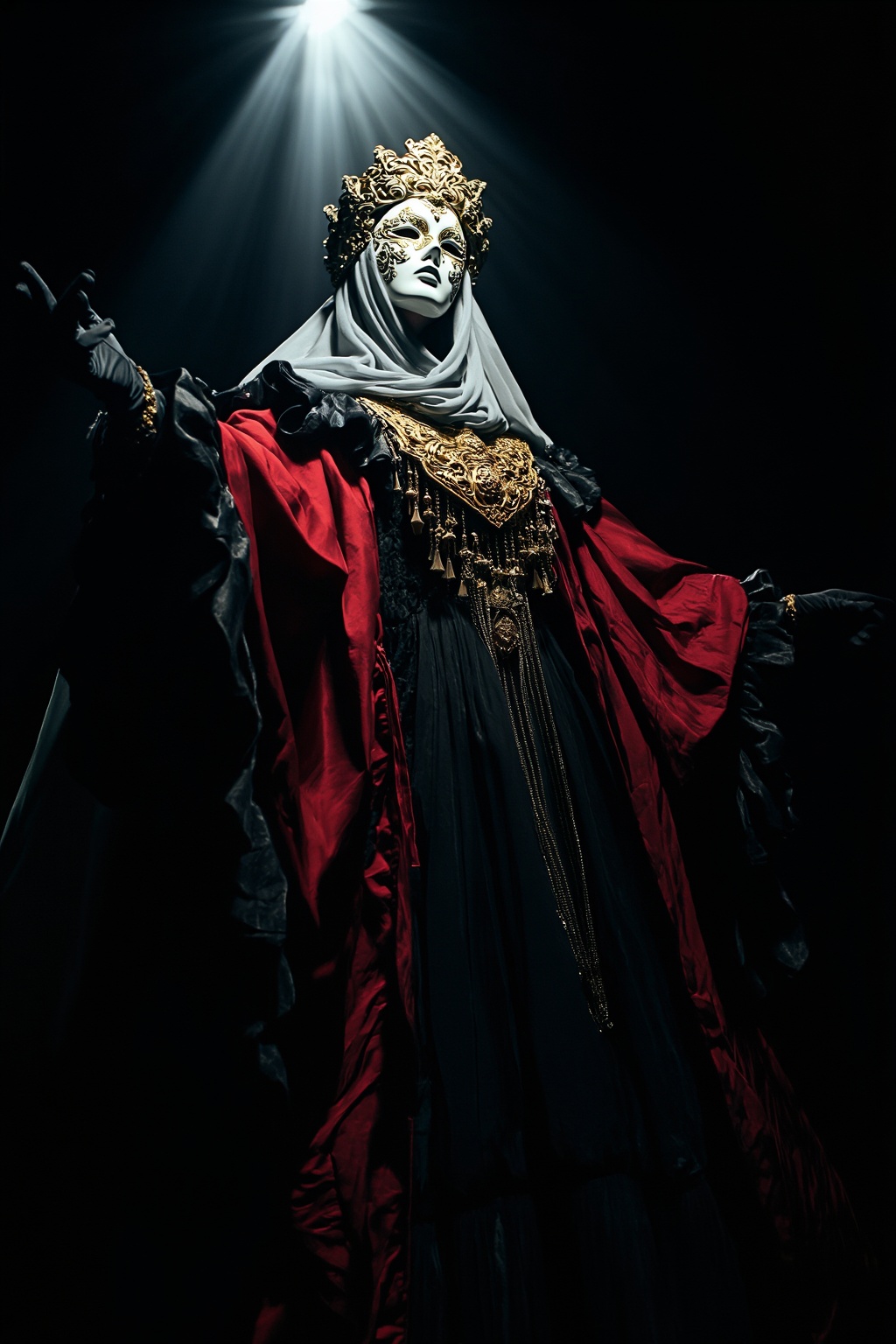 A dramatic,  low-angle shot of a mysterious and regal figure wearing an exquisite white porcelain mask with delicate golde...