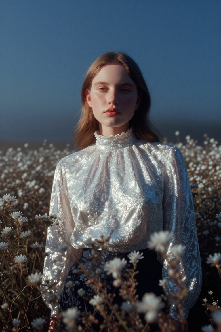 A young woman with fair skin and light brown hair stands centered among tall,  dry wildflowers with feathery white blooms,...