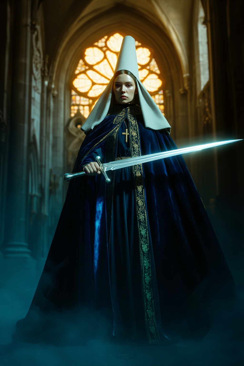 A hyper-realistic cinematic photograph of a stoic warrior-priestess standing in a grand gothic cathedral. She wears a tall...
