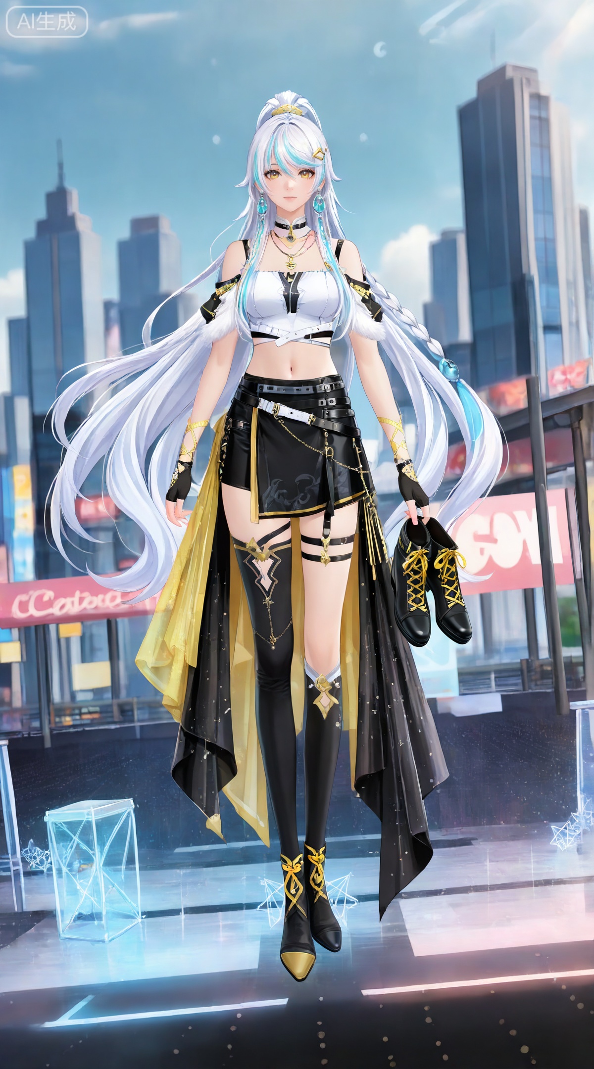 depth of field,masterpiece,best quality,very aesthetic,alternate costume,alternate costume,2024,2023,perfect composition,ultra-detailed,extreme aesthetic,masterpiece,best quality,good quality,newest,year 2024,year 2023,very aesthetic,absurdres,looking_at_viewer,colorful,
(dynamic_angle:1.2),(dutch angle:1.2),(cinematic_angle:1.1),posing,day,outdoors,
white hair,multicolored hair,streaked hair,yellow eyes,high ponytail,very long hair,zibai crescent moon hair ornament,zibai yellow ribbon,zibai braid,(white hair:1.3),multicolored hair,gradient hair,streaked hair,
1girl, solo, skirt, black skirt, jewelry, holding  boots,  thighhighs, full body, midriff, constellation, looking at viewer, brown eyes, black footwear, asymmetrical legwear, earrings, choker, bare shoulders, crop top, fingerless gloves, standing, navel, single thighhigh, gloves, breasts, necklace, thigh strap, black thighhighs, belt, uneven legwear, 11