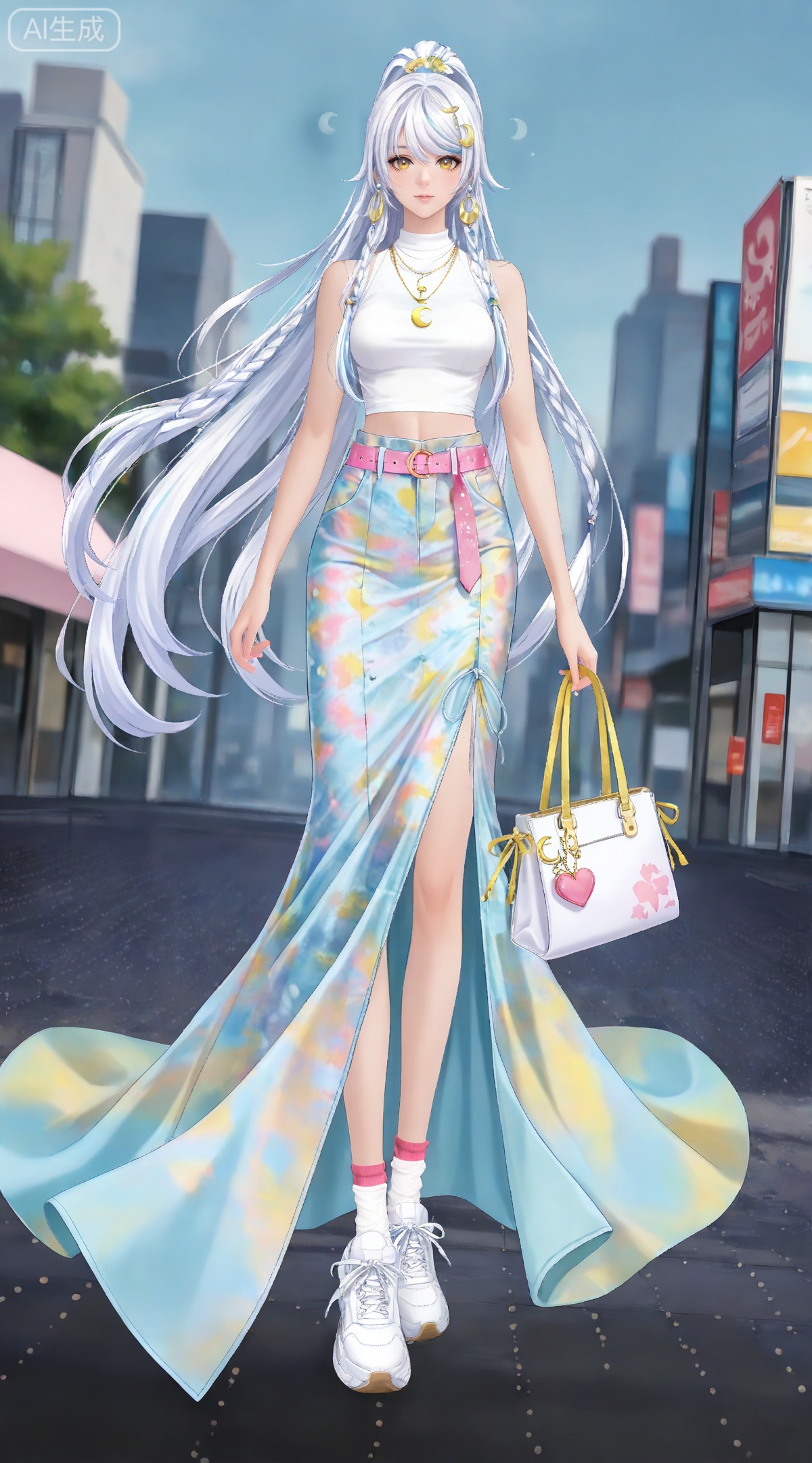depth of field,masterpiece,best quality,very aesthetic,alternate costume,alternate costume,2024,2023,perfect composition,ultra-detailed,extreme aesthetic,masterpiece,best quality,good quality,newest,year 2024,year 2023,very aesthetic,absurdres,looking_at_viewer,colorful,
(dynamic_angle:1.2),(dutch angle:1.2),(cinematic_angle:1.1),posing,day,outdoors,
white hair,multicolored hair,streaked hair,yellow eyes,high ponytail,very long hair,zibai crescent moon hair ornament,zibai yellow ribbon,zibai braid,(white hair:1.3),multicolored hair,gradient hair,streaked hair,
1girl, solo, skirt, jewelry, bag, socks, brown eyes,  necklace, long hair, full body, sleeveless, looking at viewer, shirt, holding bag, standing, ponytail, belt, white shirt, shoes, white footwear, long skirt, fashion, constellation, sneakers, holding, sleeveless shirt, midriff, crescent moon, pink belt, print skirt, crop top, handbag, breasts, 9