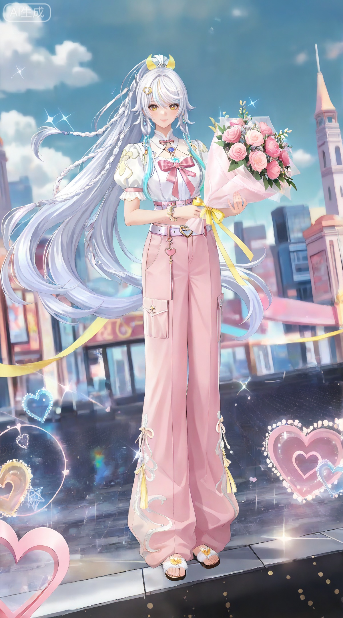 depth of field,masterpiece,best quality,very aesthetic,alternate costume,alternate costume,2024,2023,perfect composition,ultra-detailed,extreme aesthetic,masterpiece,best quality,good quality,newest,year 2024,year 2023,very aesthetic,absurdres,looking_at_viewer,colorful,
(dynamic_angle:1.2),(dutch angle:1.2),(cinematic_angle:1.1),posing,day,outdoors,
white hair,multicolored hair,streaked hair,yellow eyes,high ponytail,very long hair,zibai crescent moon hair ornament,zibai yellow ribbon,zibai braid,(white hair:1.3),multicolored hair,gradient hair,streaked hair,
1girl, solo, bouquet, long hair, flower, pants,  constellation, full body, holding bouquet, belt, heart, looking at viewer, holding, bow, pink pants, jewelry, brown eyes, pink flower, puffy sleeves, standing, pink bow, ribbon, short sleeves, sparkle, pink ribbon, 4