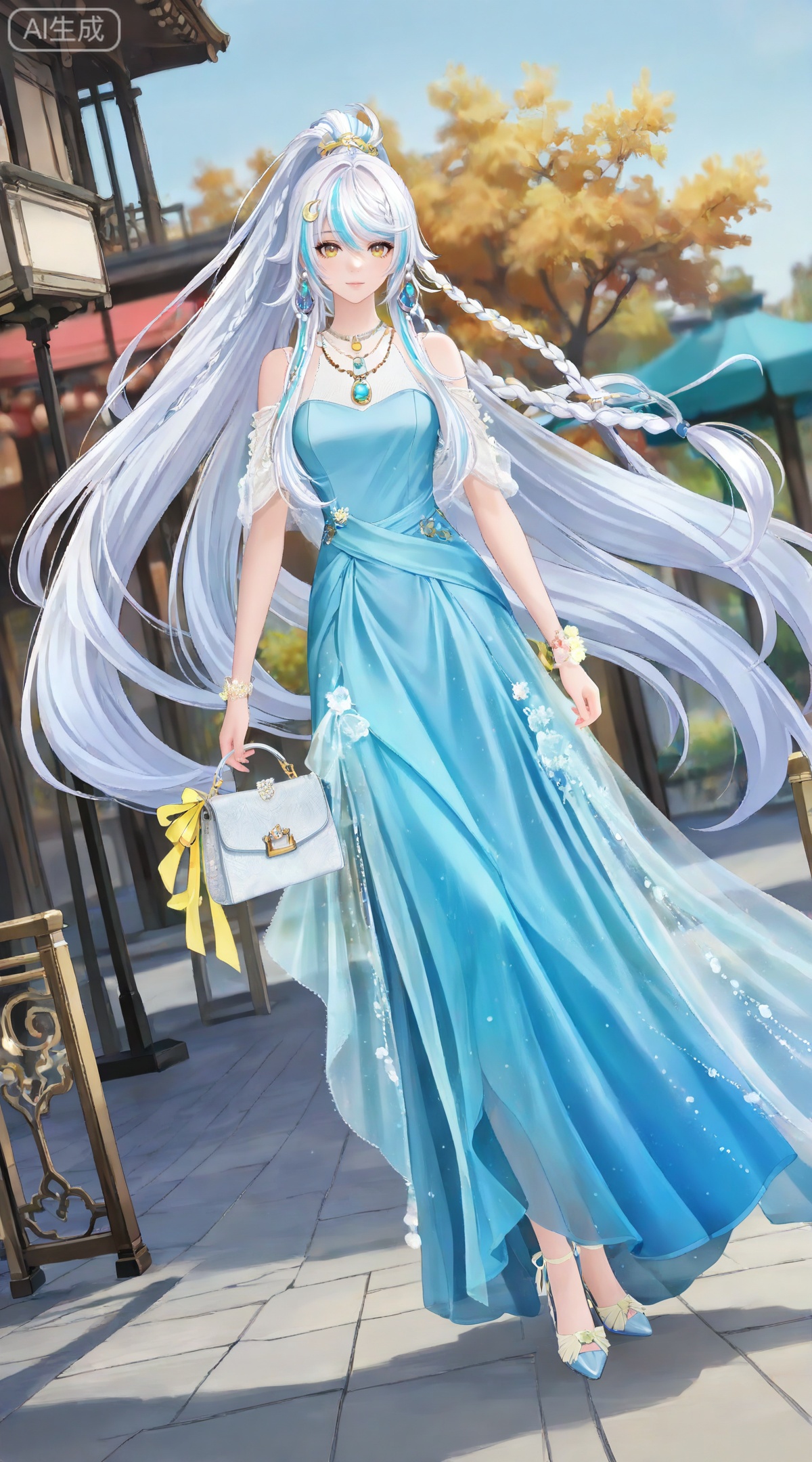 depth of field,masterpiece,best quality,very aesthetic,alternate costume,alternate costume,2024,2023,perfect composition,ultra-detailed,extreme aesthetic,masterpiece,best quality,good quality,newest,year 2024,year 2023,very aesthetic,absurdres,looking_at_viewer,colorful,
(dynamic_angle:1.2),(dutch angle:1.2),(cinematic_angle:1.1),posing,day,outdoors,
white hair,multicolored hair,streaked hair,yellow eyes,high ponytail,very long hair,zibai crescent moon hair ornament,zibai yellow ribbon,zibai braid,(white hair:1.3),multicolored hair,gradient hair,streaked hair,
1girl, dress, solo, jewelry, necklace, blue dress, brown eyes, full body, bracelet, high heels, bag, holding, looking at viewer, standing, handbag, bare shoulders, 15
