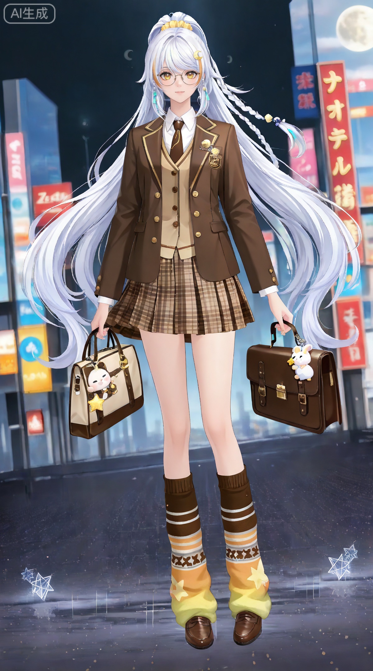 depth of field,masterpiece,best quality,very aesthetic,alternate costume,alternate costume,2024,2023,perfect composition,ultra-detailed,extreme aesthetic,masterpiece,best quality,good quality,newest,year 2024,year 2023,very aesthetic,absurdres,looking_at_viewer,colorful,
(dynamic_angle:1.2),(dutch angle:1.2),(cinematic_angle:1.1),posing,day,outdoors,
white hair,multicolored hair,streaked hair,yellow eyes,high ponytail,very long hair,zibai crescent moon hair ornament,zibai yellow ribbon,zibai braid,(white hair:1.3),multicolored hair,gradient hair,streaked hair,
1girl, skirt, solo, plaid, vest, plaid skirt, necktie, glasses, twintails, constellation, socks, shirt, scrunchie, full body, white shirt, long hair, looking at viewer, pleated skirt, standing, holding, brown vest, bag, brown eyes, hair scrunchie, brown footwear, shoes, school uniform, crescent moon, long sleeves, round eyewear, brown skirt, moon, collared shirt, loose socks, hair ornament, charm \(object\), miniskirt, brown necktie, leg warmers, star \(symbol\), holding bag, 6